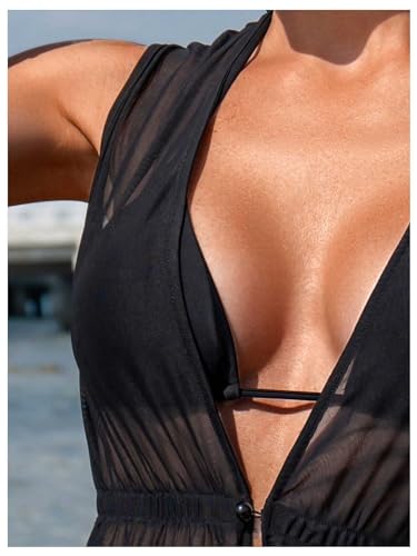 SweatyRocks Women's See Through Swimsuit Cover Up Sleeveless V Neck Sheer Bikini Beach Dress4