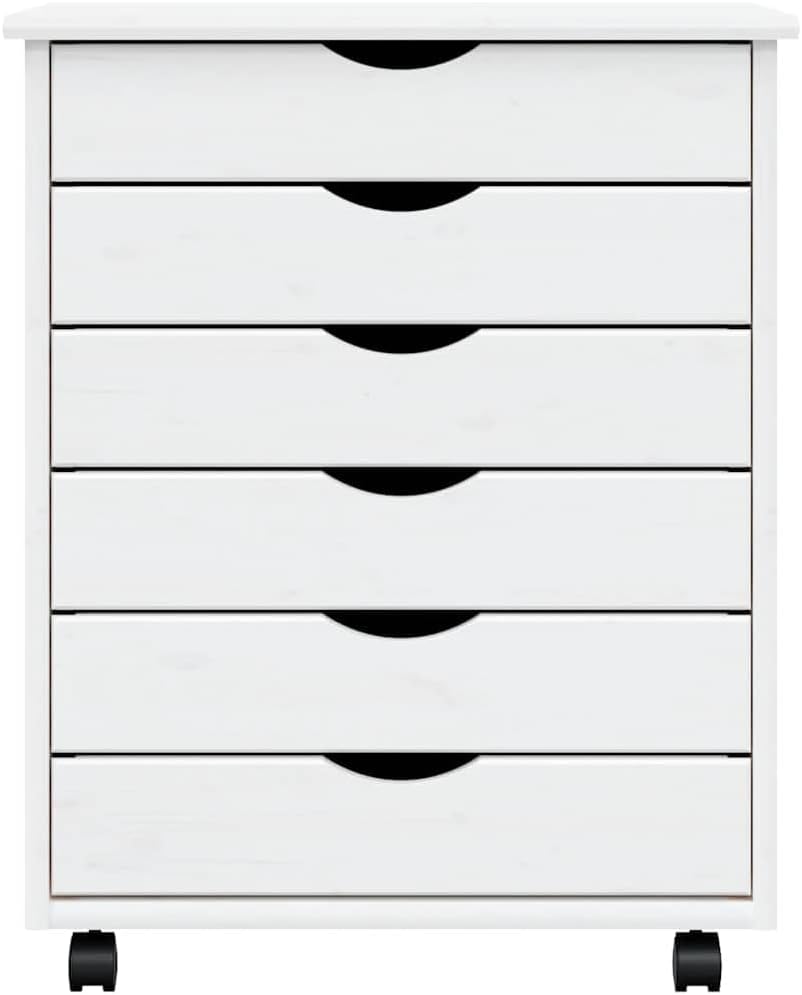 Moss White Rolling Cabinet with Six Drawers, Solid Pine Wood and Engineered Wood Construction for Office Storage and Home Organization