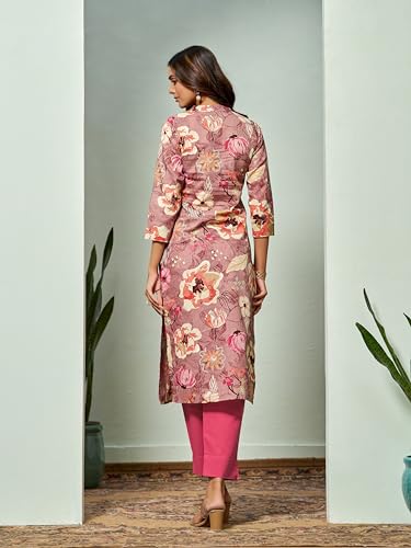 Image of EthnicJunction Cotton Ethnic Women's Straight Floral Print Kurta With Pant Set