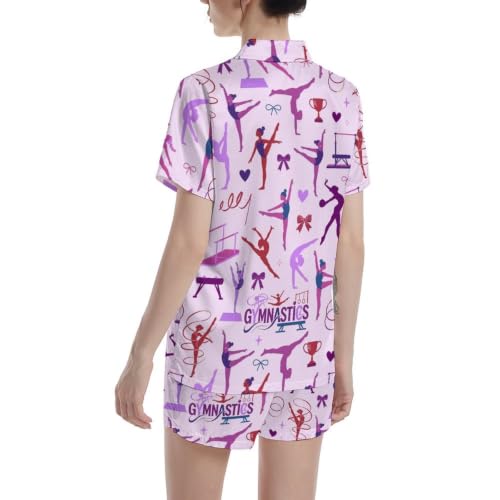 Image of Funny Pajamas for Women Set Print Satin Loungewear Pjs Short Sleeve Button Down Top and Shorts Sets Sleepwear XS-3XL