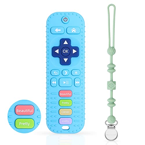 Image of TV Remote Control Shape Silicone Toddler Teething Toys for Babies 0-24 Months,Baby Teether Toys and Pacifier Clip, Boys Girls Baby Chew Toys (Blue)