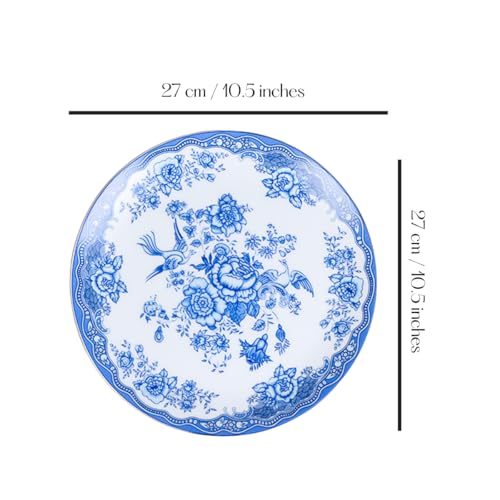 Image of GOLDEN QUEEN'S Handcrafted Dinner Plates: Set of 2 | Perfect for Hosting and Daily Meals | Microwave Safe Plates | 11 inch | Serves 2 - Vintage Blue Birds with Floral Border