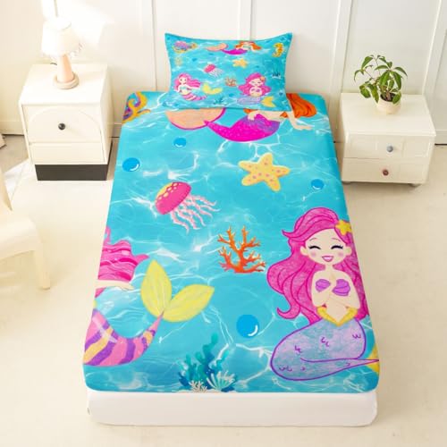 Image of jejeloiu Mermaid Bed Sheets Sets Twin Size Kids Boys Girls Tropical Ocean Bedding Set Blue Pink Bed Sheet Set with 16-Inch Deep Pockets Mermaid Tail 3Pcs with 1 Pillow Cases