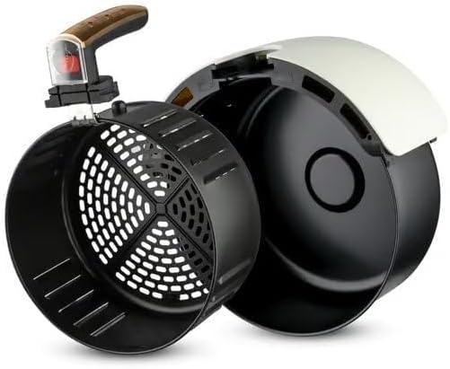 Disassembled components of the RAF R.5234 Air Fryer, showing the frying basket and the main pan.