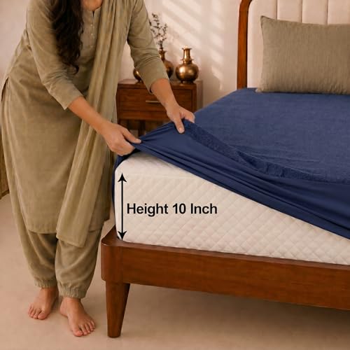 Image of Glassiano Cotton Feel Terry Ultra Soft Waterproof Mattress Protector | Breathable - Hypoallergenic Mattresses Cover with Elastic Strap for Single Bed (78x42 inch|6.5x3.5 feet, Navy Blue - Pack of 1)