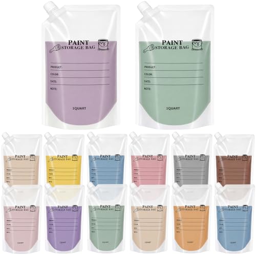 Wesnoy 12 Pack Paint Storage Bags Airtight Reusable Paint Storage Pouches with Silicone Funnel Refillable Clear Leakproof Container for Leftover Painting DIY and Professional (1 Quart No Handle)