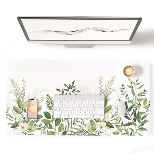 Colorful Star Large Mouse Pad, Green Leaves Waterproof Office Desk Mat, Non-Slip Computer Gaming Mouse Pad, XXL PC Laptop Protector Pads, PU Leather Desk Writing Pads for Office Home, 31.5" x 15.7"