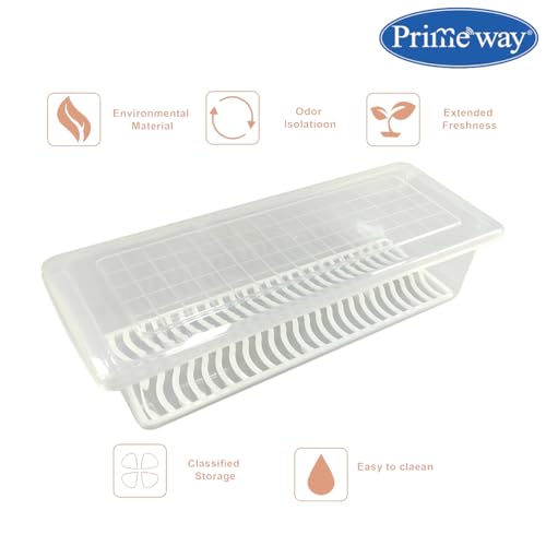 Image of Primeway Polypropylene Pack of 3 Food Savers Containers with Water Drain Tray | Kitchen Boxes | Fridge Organiser | Keep Fresh Storage | Stackable | 29.5x11.8x7.2cm | 1.5L each | Clear