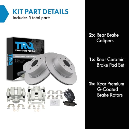 Image of TRQ Rear Brake Pad and Rotor Set Ceramic Coated Rotors Calipers Compatible with 2005-2007 Infiniti G35 2006-2009 M35 M45 2007-2009 Nissan 350Z