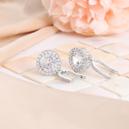 Sterling Silver Dangle Earrings with White Gold Plated Hoop Drop Charms Round Halo Earring Dainty Cubic Zirconia Hypoallergenic Fashion Jewelry Birthday Gift for Women4