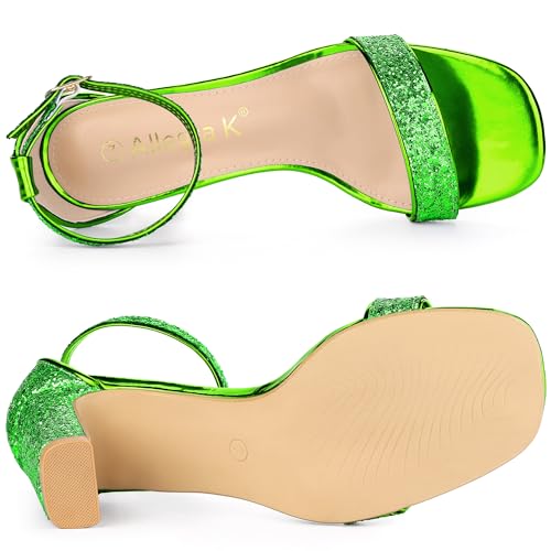 Allegra K Allegra K Women's Glitter Ankle Strap Chunky Heeled Bright Green Sandals 7.5 m US