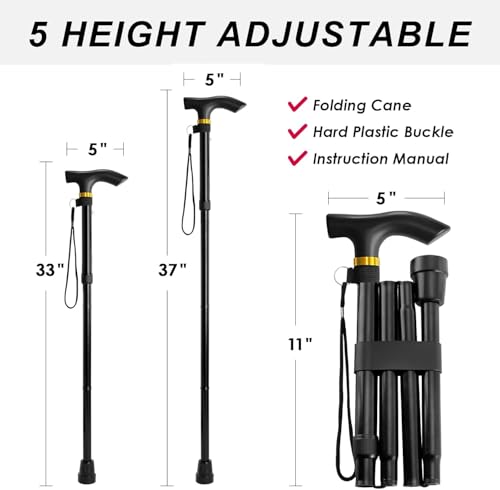Image of Dr Care 4 Folding Walking Stick for Old Age | Aluminum | Adjustable Height 85-95 cm | Lightweight | Anti Slip | Ergonomic Handle | Rubber Tip | Wrist Strap (Black)
