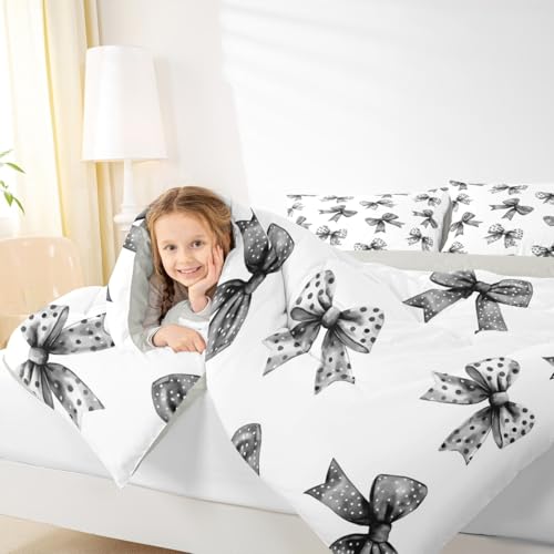 Image of Erosebridal Bow Kids Comforter Set | Ribbon Black Bow Bedding Twin Size Coquette Bowknot with Dots Down Comforter Dreamy Princess Bowtie Duvet Set for Bedroom