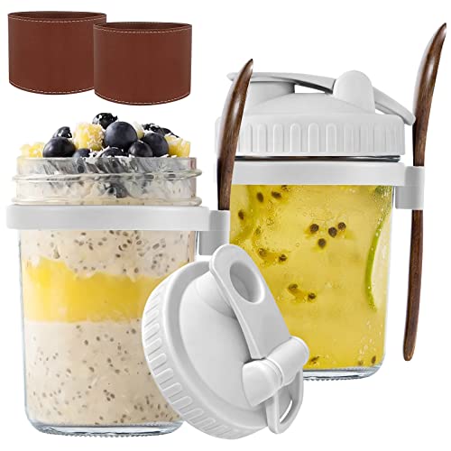KOIKEY Overnight Oats Container Yoghurtgläser - 284 ml Frühstück Haferflocken Mason Glas Einmachglas mit Deckel und Löffel für tragbare Frühstücksparfait Tassen, Grau, 2 Stück Cover