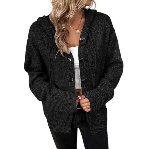 Image of Blostirno Women's Casual Hooded Cardigan Sweaters V Neck Button Down Long Sleeve Kint Cardigans Coat