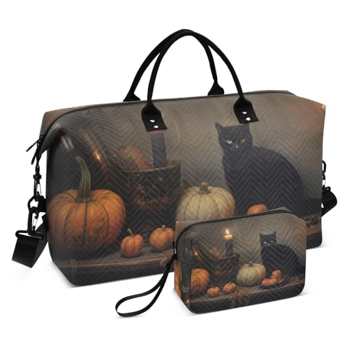 Black Cat Halloween Gothic Travel Duffel Bag Gym Bag Sports Tote Bag with Multiple Interior Pockets Shoulder Weekender Bag for Women Men with Toiletry Bag 20.5”x 7.9”x 13.8”