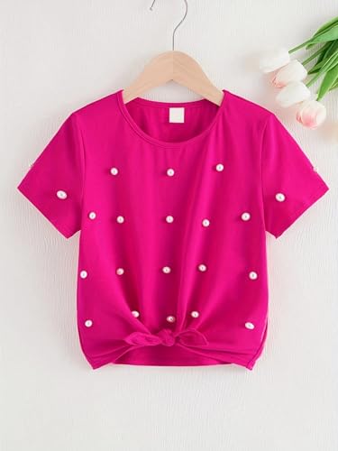 Toddler Girls T Shirt Pearl Short Sleeve Round Neck Knot Hem Tee Tops Kids Little Girl Summer Clothes Outfit 4-7T2