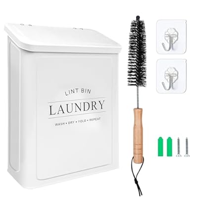 Magnetic Lint Bin with Lint Brush for Laundry Room Decor Farmhouse Rustic Metal Wall Mounted Lint Box Holder Keeper Organization Lint Trash Can with lid for Dryer
