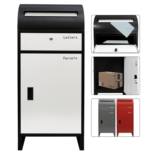 POST2HOME 宅配ボックス 屋外 大容量 戸建て用 ポスト 置き配ボックス 郵便受け 大型 防水 簡単組立 宅配BOX 円弧形 置き型 鍵付き 案内ステッカー付き ポスト付き 玄関 盗難防止 (白黒ツートン)