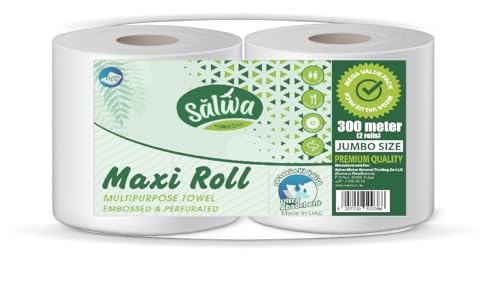 Salwa Maxi Roll Twin Pack of 2 1000+ Sheets 2-Ply Tissue Kitchen towel Strong & Premium Quality Sterilized Embossed 600 Meter 2 Roll مناديل ماكسي رول