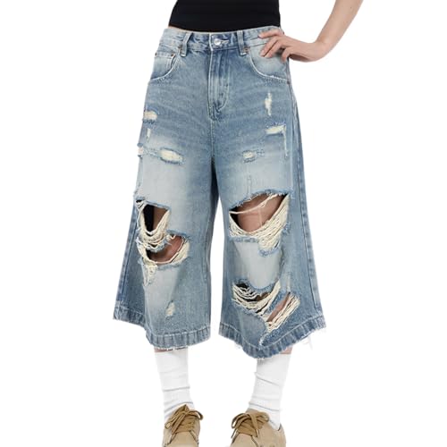 Y2K Fashion High Waisted Straight Leg Jeans Casual Streetwear Ripped Fringe Baggy Washed Denim Pants