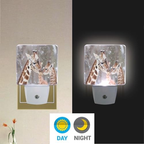 Image of Cute Giraffes Family Night Lights 2 Pack Plug-in Wall Led Nightlight Auto Dusk-to-Dawn Sensor Lamps for Bedroom Kitchen Bathroom