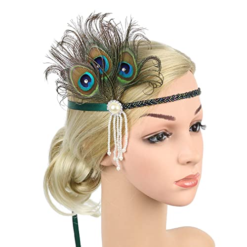 Zoestar Serre-tête à plumes et perles - Style vintage - Style Gatsby le Magnifique - Accessoire de fête des années 1920 - Pour femme - Vert Cover
