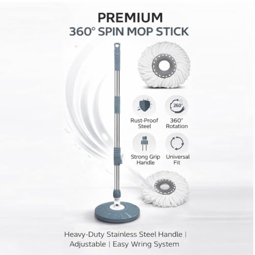 Image of Luxury Spining Mop Set | 5 Year Warranty ON Side|Adjustable Heavy Duty Mop Rod for Floor Cleaning | Stainless Steel Handle & Total 1 Microfiber Refills