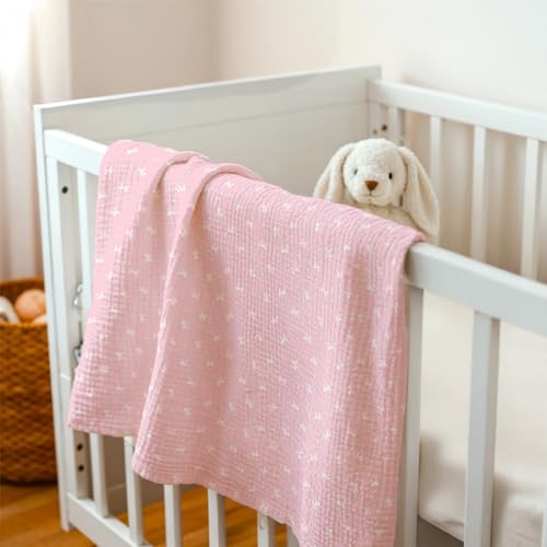 Image of SANDJEST Bow Minky Muslin & Dotted Blanket 30x40 in Gift for Holiday, Gender Reveal Party, Hospital Visit, Baptism (Pink)