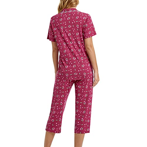 Image of Tugege Capri Pajamas Set Womens Button Down Short Sleeve Lounge Sets Sleepwear Notch Collar Top & Capri 2 Piece PJ Sets