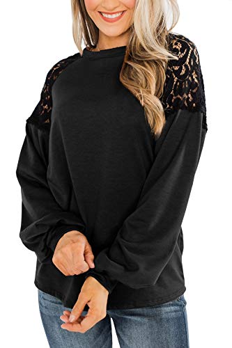 Clarisbelle Loose Fitting Lace Tops for Womens Casual Raglan Cotton Lace Elegant Puff Sleeve Black Sweatshirt L
