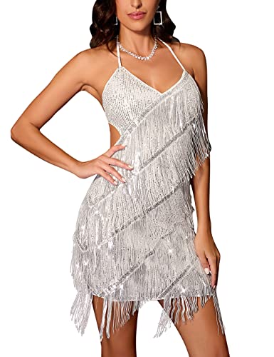 Image of houstil 1920s Sequin Dress for Women V Neck Halter Gatsby Flapper Dresses Tie Back Formal Club Party Evening Gown