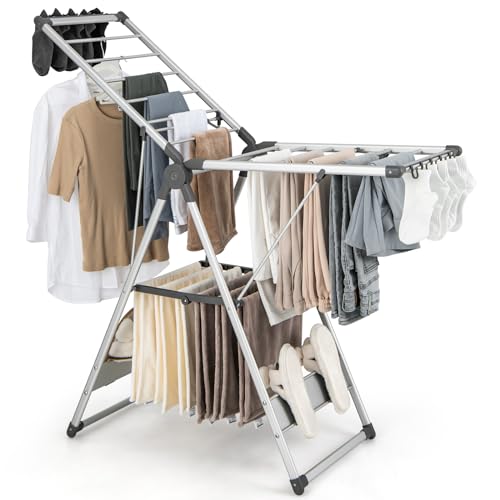 Giantex Clothes Drying Rack, 2-Layer Aluminum Foldable Laundry Drying Rack with 5-Level Adjustable Height, 21 Drying Rails, 10 Side Clips, 4 Shoe Holders, Space Saving Collapsible Laundry Drying Rack
