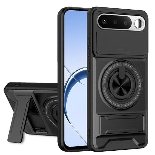 Image of AESTMO Realme 16 5G Back Cover | Armor Camera Slider 360 Degree Rotating Finger Ring Holder Case with Bracket Stand & Camera Protection Back Case Cover for Realme 16 5G (Black)