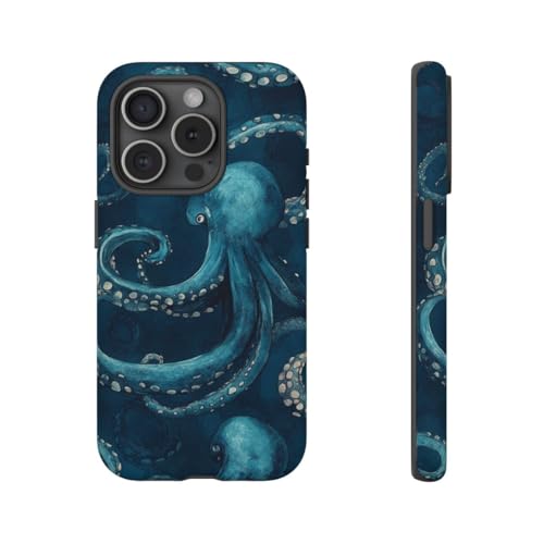 Coque iPhone 15 Pro pieuvre bleue rigide mate anti-choc et anti-glisse