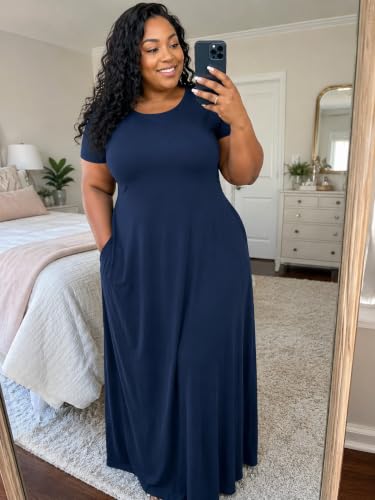 Image of PinkPatty Women's Plus Size Maxi Dresses Short Sleeve Sundress Summer T-Shirt Beach Long Dress with Pockets