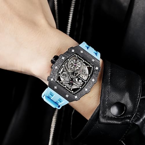 Image of TSAR BOMBA Men's Automatic Watch Tonneau Luxury Skeleton Watches for Men Mechanical 50M Waterproof Analogue Watches Mens Unique Cool Square Big Face Dial Wristwatch with Silicone Strap Band