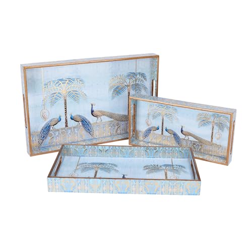 Image of Rectangular Wooden MDF Serving Trays Set of 3 (16x10, 14x8, 12x6 Inches) - Enamelled Finish with Easy-Grip Handles, Perfect for Dining, Tea, Snacks & Home Decor (Blue Peacock)