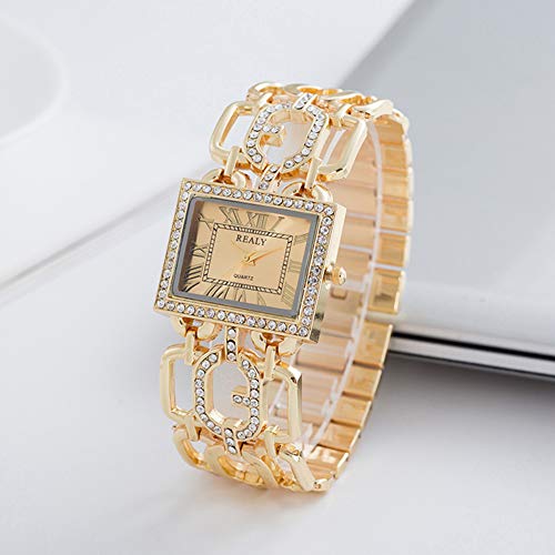 Yiwa - Reloj de cuarzo para mujer con esfera cuadrada, esfera cuadrada, esfera de cristal y correa de acero hueca, color dorado