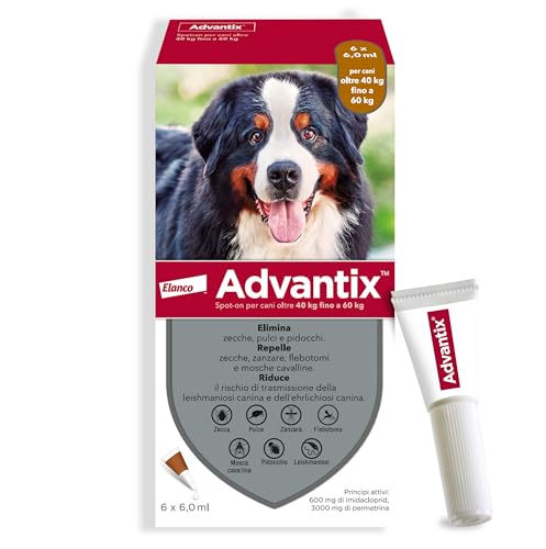 Advantix® Spot-on antiparassitario per Cani da 40 kg a 60 Kg, 6 pipette da 6 ml. Elimina zecche, pulci, pidocchi e larve di pulce in casa. Protegge da zanzare, pappataci e rischio di leishmaniosi.