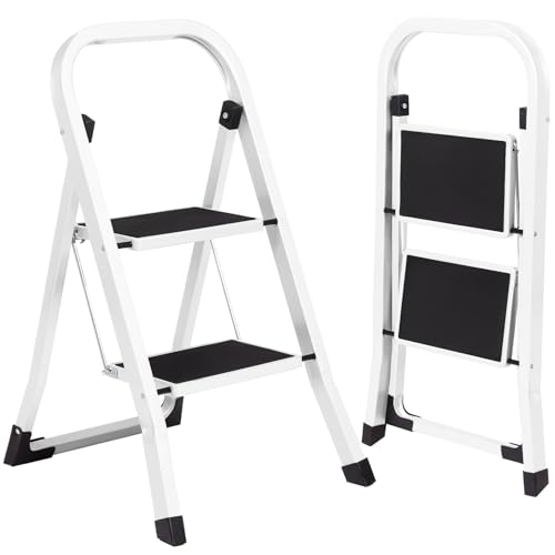 AMHANCIBLE Step Ladder 2 Step, Step Stools Foldable for Adult, Small Ladders for Home,White, EBSL02WT