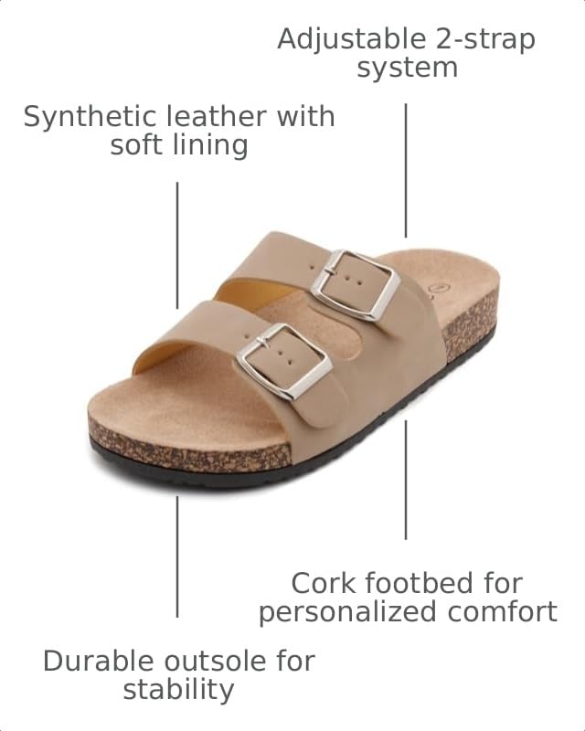 Image of Herstyle Womens Cork Footbed Slides for Women, Double Strap Flat Sandals, Adjustable Buckle Comfort Slip On Shoes, Summer Beach Casual Walking Slippers