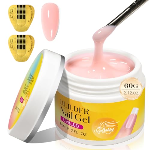 Builder Gel for Nails, 60g Postel Pink Hard Gel for Nail Extension with 10 Nail Forms, Strengthener & Thickening, UV LED Lamp Cured Sculpture, Repair Broken Nails, Salon DIY Manicure Kit
