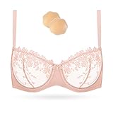 Wingslove Women's Sexy Lace Bra Demi Sheer Mesh Balconette See Through Bralette Unlined Underwire Embroidered (Pink Nude,38B)