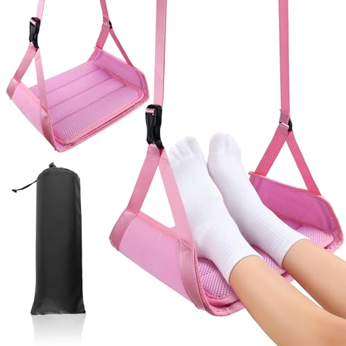 Fußhängematte für Flugzeugreisen,kein Zusammenklappen verdickte Bambus-Flugzeug-Fußstütze mit verlängertem Verstellgurt, tragbare Schreibtisch-Fußhängematte zum Entspannen Ihrer Füße (rosa)