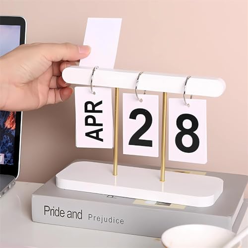 Azonee Flip Calendar For Desk, Wooden Perpetual With Large Display Daily Desk Office, Home, Classroom, Reusable Office Decor Accessories (White)