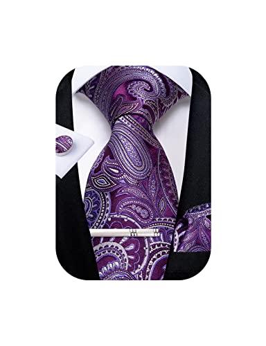 Image of DiBanGu Paisley Ties for Men Silk Necktie and Pocket Square Cufflinks Tie Clip Set Woven Classic Mens Tie for Wedding Party