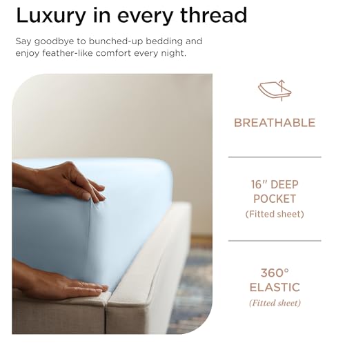 Image of Threadmill 100% Cotton Sheets for Cal King Size Bed - 600 Thread Count Cal King Bed Sheets Set with 16 inch Deep Pocket - Sateen Weave 4-Piece Bedding Set with Cooling Effect, Blue