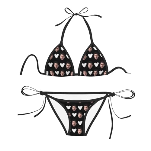 Naispanda Traje de baño de Bikini Personalizado con Caras, Trajes de baño Personalizados para Mujer, Traje de baño Personalizado, Bikini Triangular con cordón Lateral para Mujer