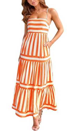 chouyatou Women Spaghetti Strap Back Smocked Maxi Striped Dress Summer Casual Floral Flowy Beach Sun Dress